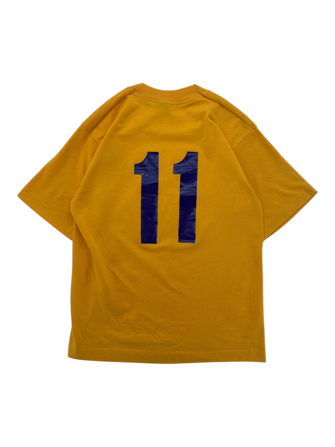 Exile Vintage 1980s yellow short sleeve t-shirt with dark blue number 11 graphic on the back