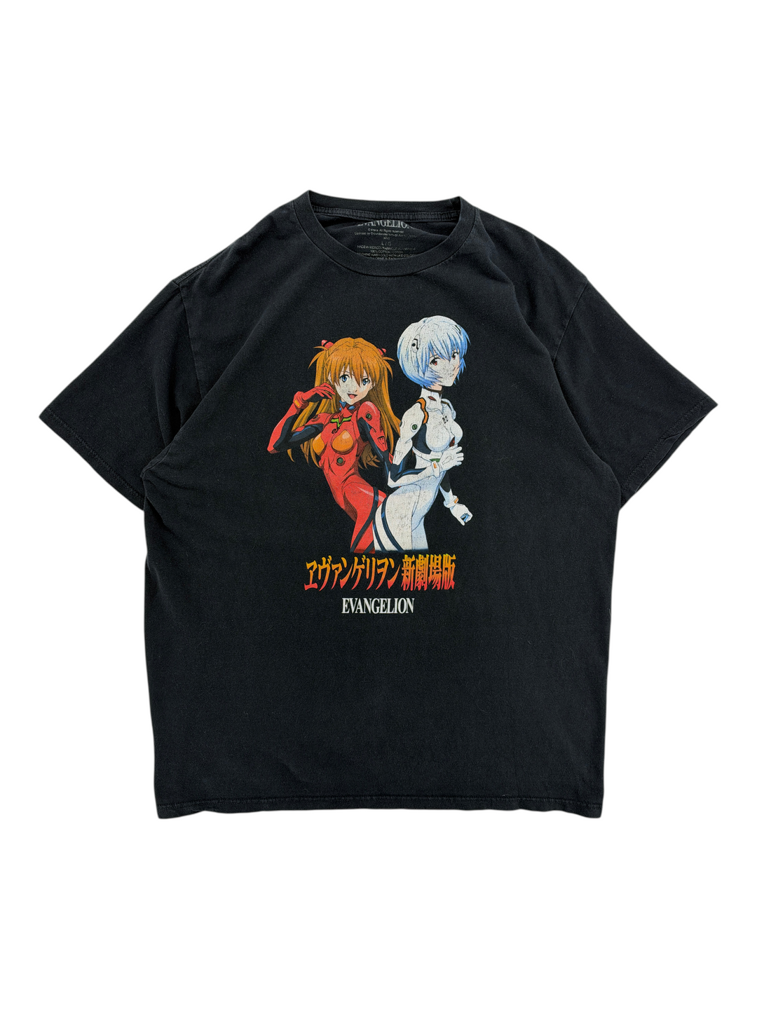 Exile Vintage black 2022 Evangelion graphic t-shirt featuring Asuka and Rei anime characters in a crew neck style