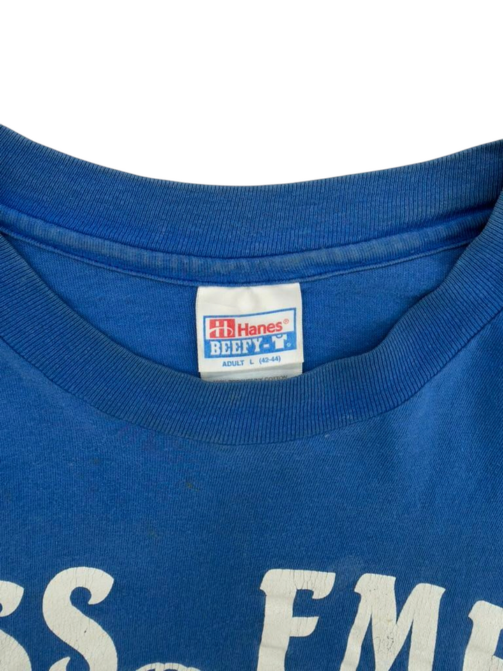 Exile Vintage 1990s blue USS EMF cotton t-shirt with Hanes Beefy-T neck label, size L.