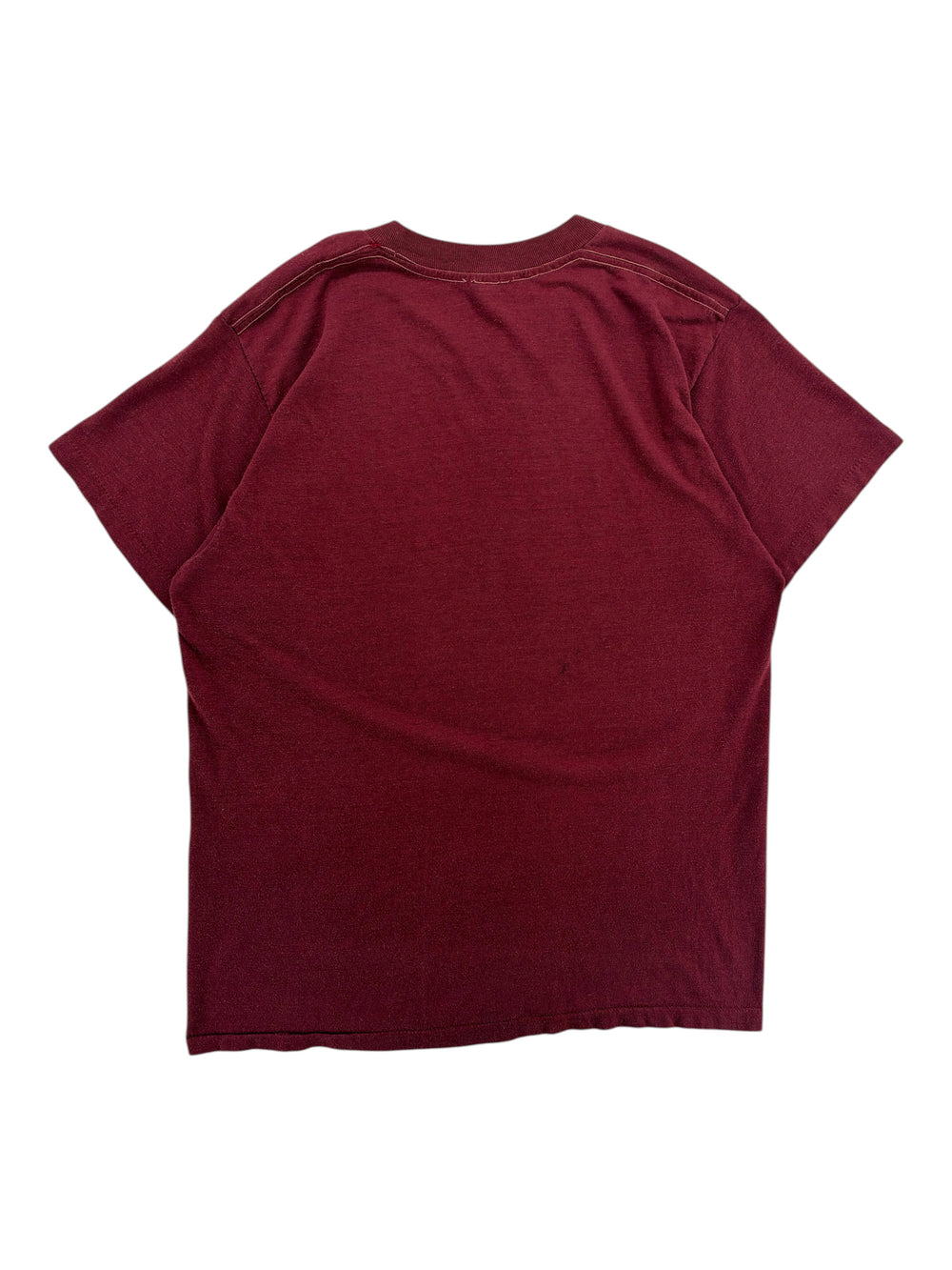 Back view of a vintage maroon 1970s Florida State University T-shirt from Exile Vintage, size medium.