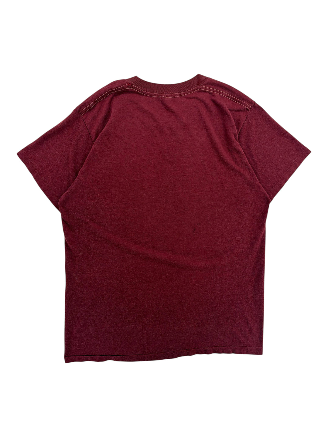 Back view of a vintage maroon 1970s Florida State University T-shirt from Exile Vintage, size medium.