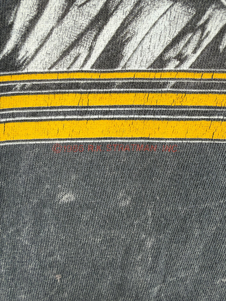 Exile Vintage 1980s Harley Davidson t-shirt detail showing distressed yellow stripes and vintage graphic print