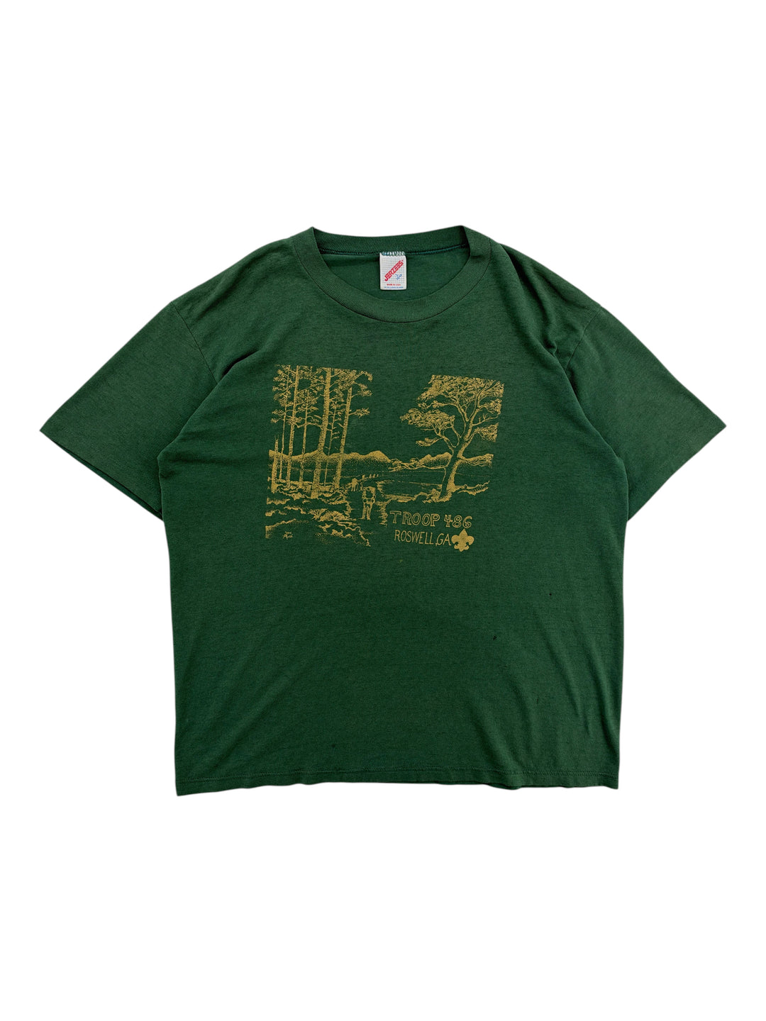 Exile Vintage 1980s green cotton T-shirt featuring a gold graphic print of a forest landscape and Troop 436 text.