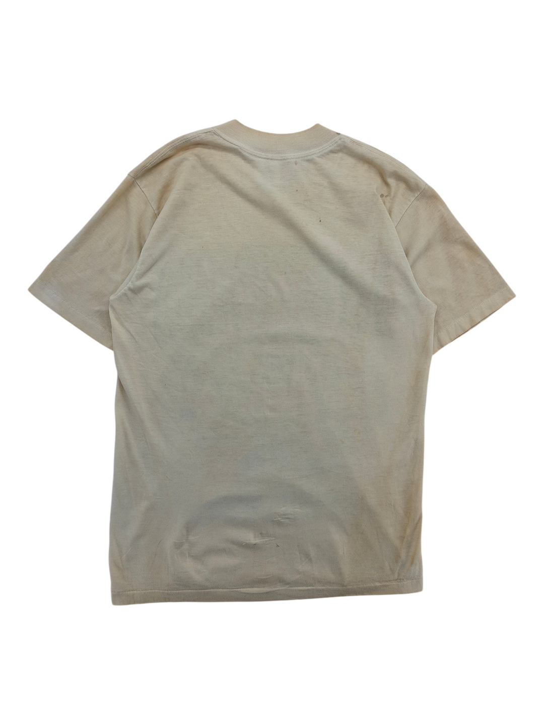 Exile Vintage 1990s beige cotton t-shirt with back view showing a worn-in, distressed aesthetic.