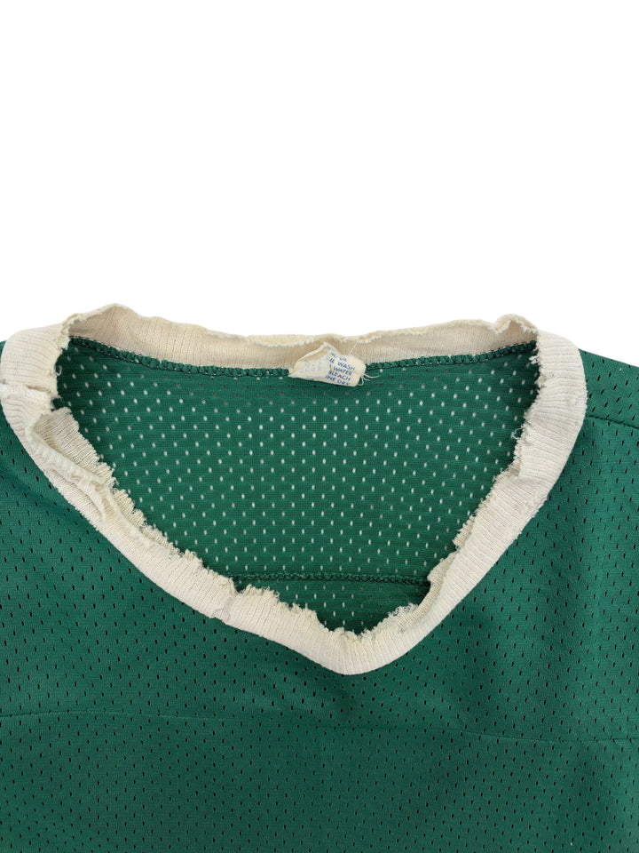Exile Vintage 1980s Michigan State green mesh football jersey with a distressed white ribbed crew neck collar