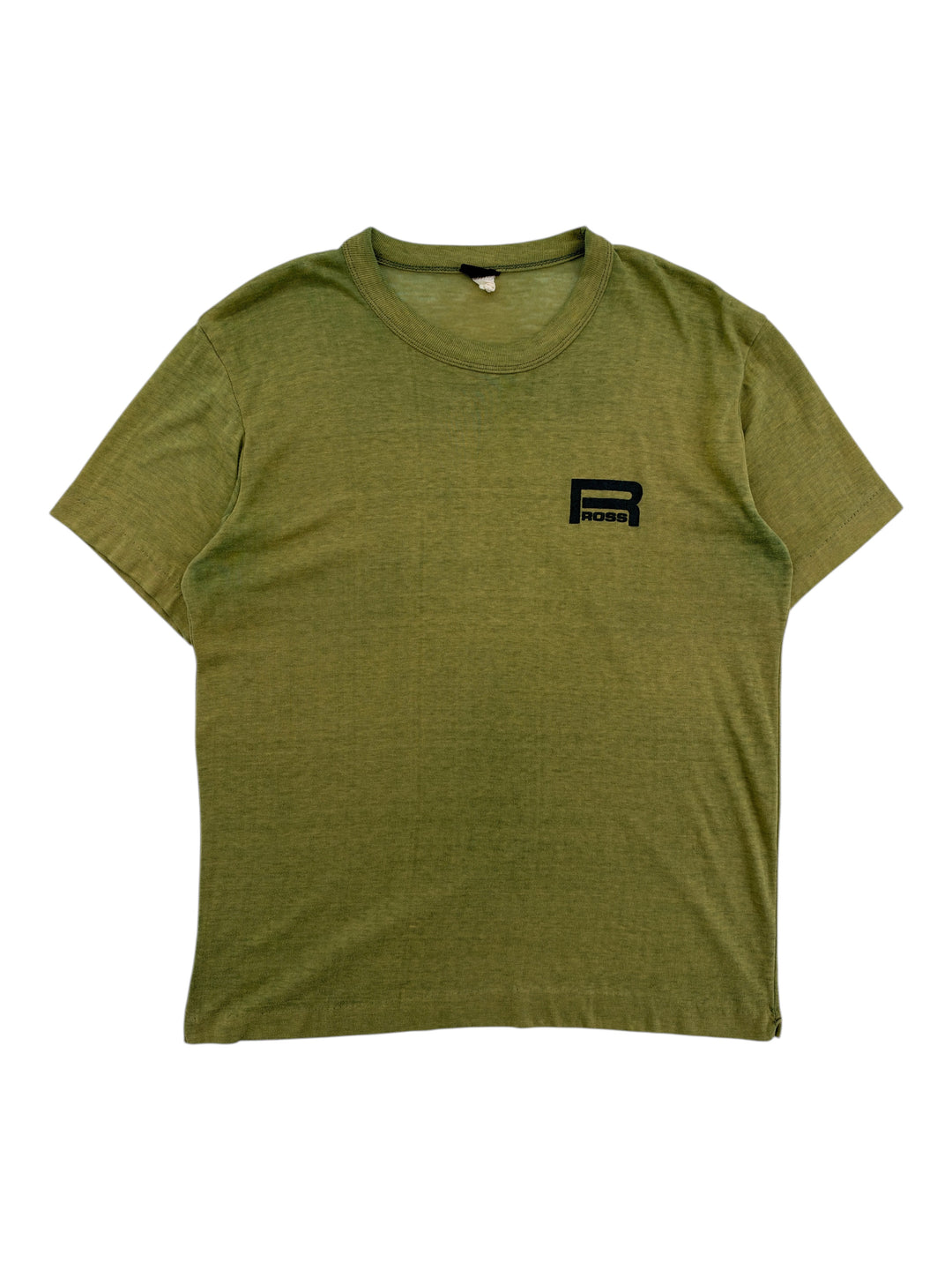 Exile Vintage 1980s olive green MASH style t-shirt with black Ross logo on chest