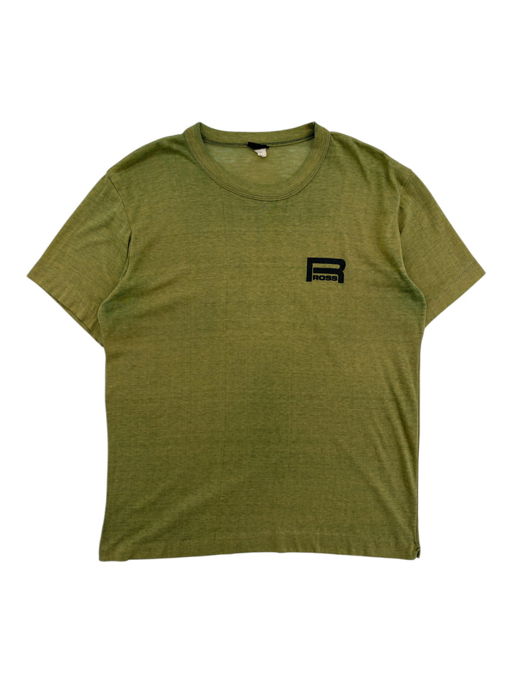 Exile Vintage 1980s olive green MASH style t-shirt with black Ross logo on chest