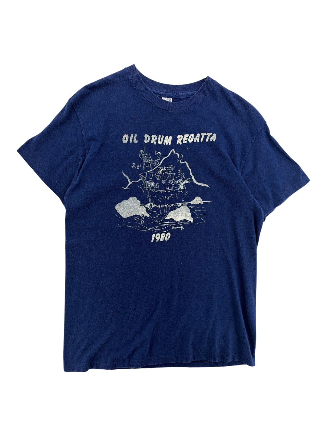 Exile Vintage 1980s navy blue cotton t-shirt with white Oil Drum Regatta graphic print