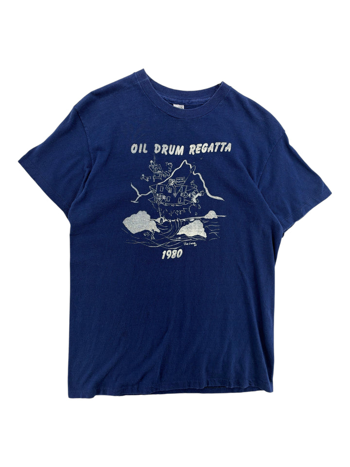 Exile Vintage 1980s navy blue cotton t-shirt with white Oil Drum Regatta graphic print