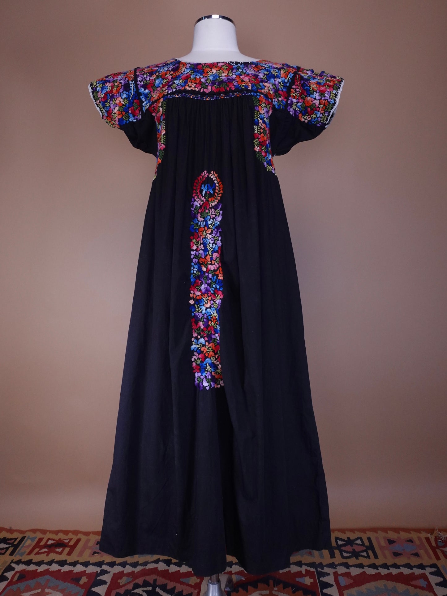 1970s - Black Mexican Hand Embroidered Maxi Length Wedding Dress