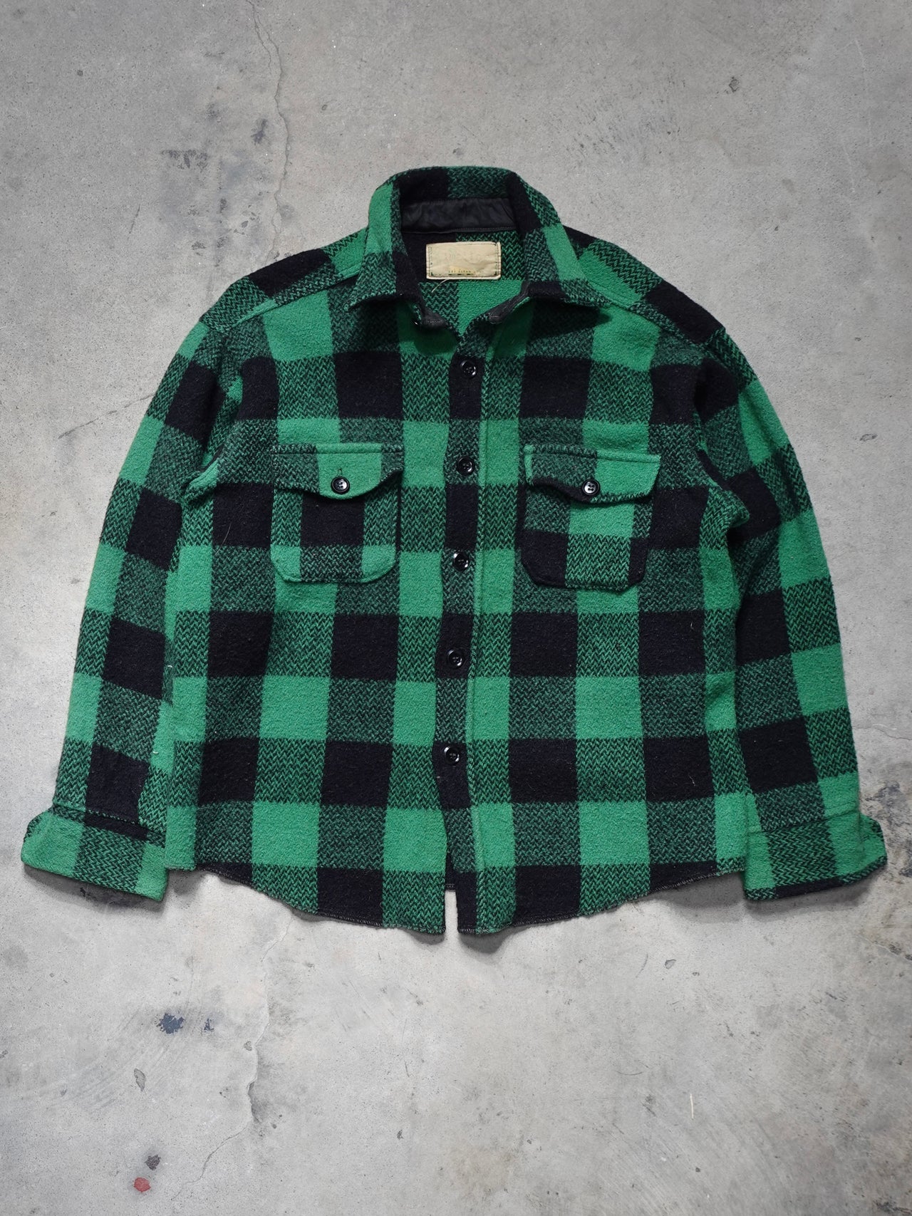 Vintage 1960s - Melton Greenb Buffalo Plaid Wool Shirt