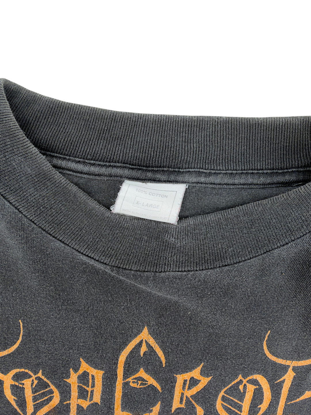 Exile Vintage 1990s Emperor IX Equilibrium band t-shirt collar detail showing XL size tag and black cotton fabric