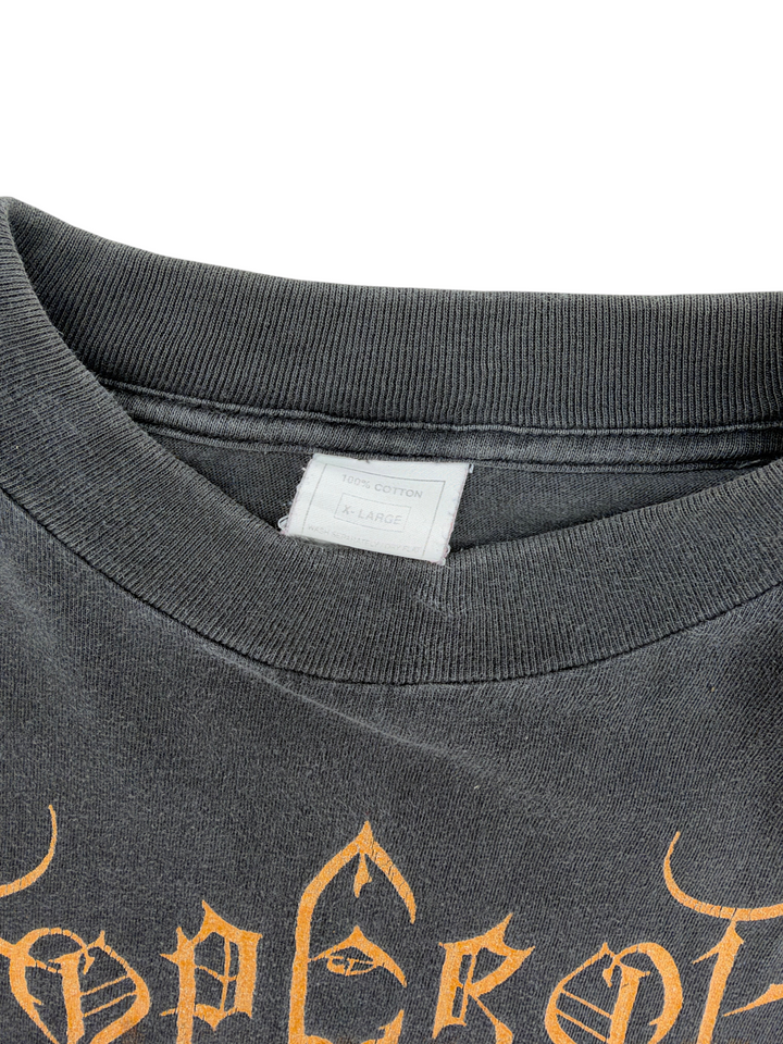 Exile Vintage 1990s Emperor IX Equilibrium band t-shirt collar detail showing XL size tag and black cotton fabric