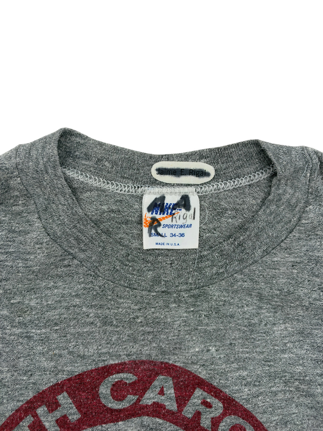 Exile Vintage grey 1980s Nike Sportswear South Carolina basketball t-shirt collar tag detail