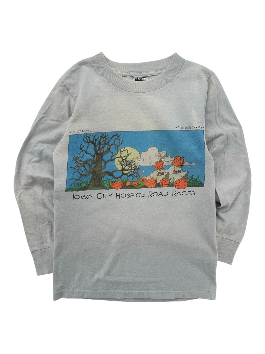 Exile Vintage 1980s grey long sleeve t-shirt featuring an Iowa City Hospice Road Races Halloween graphic print