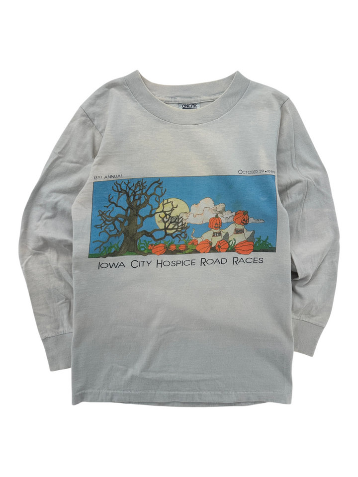 Exile Vintage 1980s grey long sleeve t-shirt featuring an Iowa City Hospice Road Races Halloween graphic print