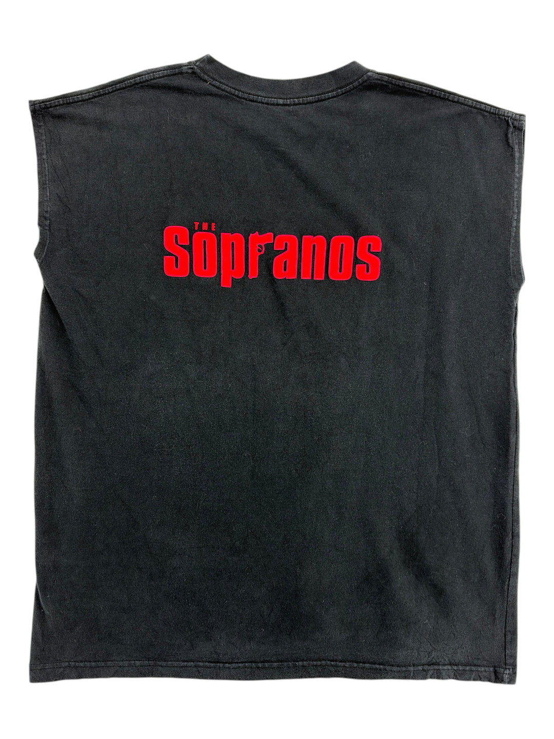Exile Vintage 1990s black sleeveless T-shirt with red The Sopranos logo on the back, size XL.