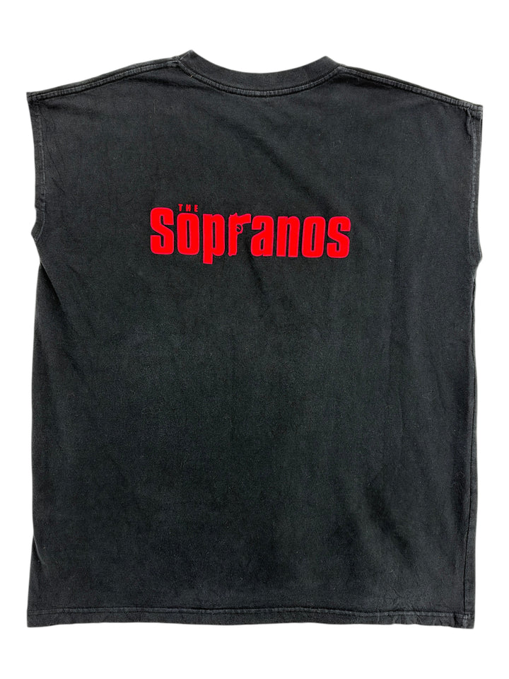 Exile Vintage 1990s black sleeveless T-shirt with red The Sopranos logo on the back, size XL.
