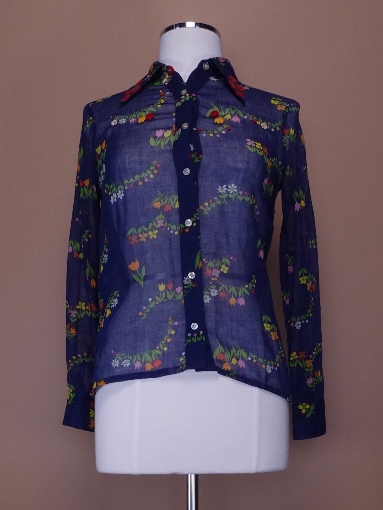 Vintage Sheer Hand Embroidered Floral Print Ladies Blouse