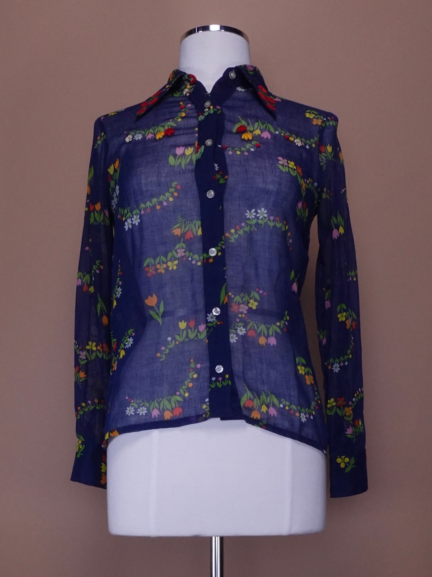Vintage Sheer Hand Embroidered Floral Print Ladies Blouse