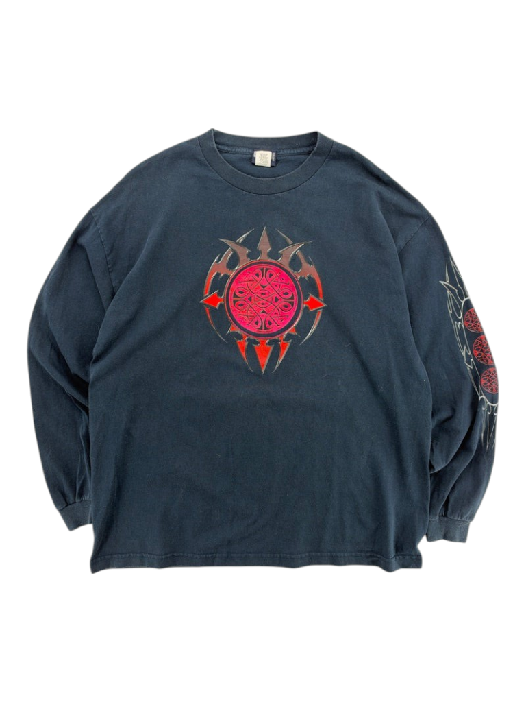 Exile Vintage 2000s black long sleeve t-shirt featuring a red and black tribal graphic on the chest and sleeves