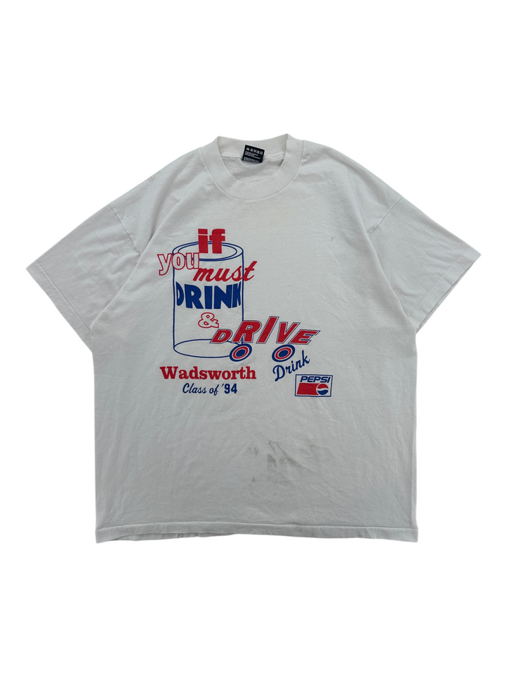 Exile Vintage 1990s white cotton T-shirt featuring a red and blue Pepsi Drink and Drive graphic print
