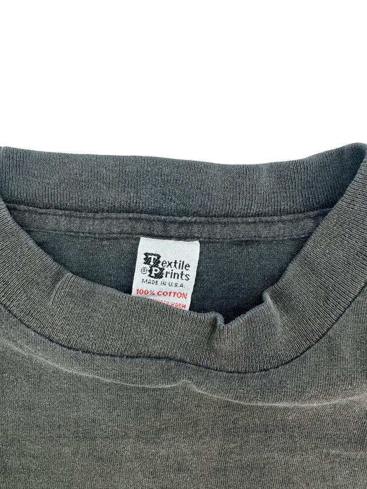 Exile Vintage 1980s Bahamas Fish T-shirt collar detail showing Textile Prints brand label and cotton fabric texture