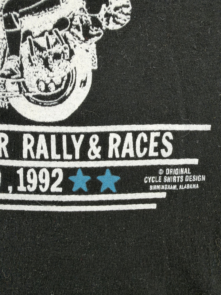 Exile Vintage black 1990s Sturgis biker rally graphic t-shirt with white and blue screen-printed motorcycle design