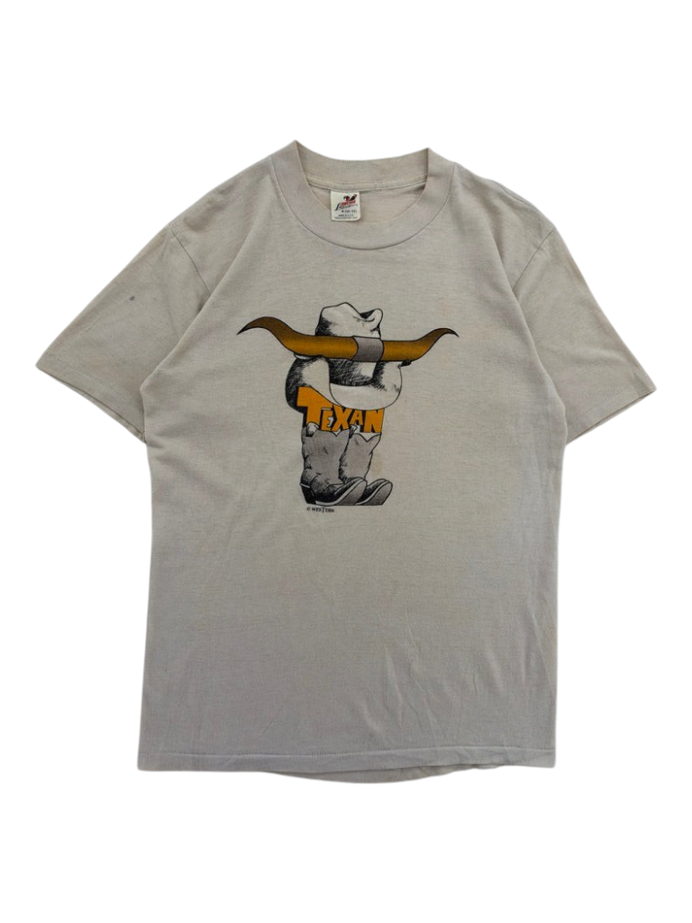 Exile Vintage 1980s beige cotton T-shirt featuring a graphic of a cowboy hat and longhorn horns with Texan text.