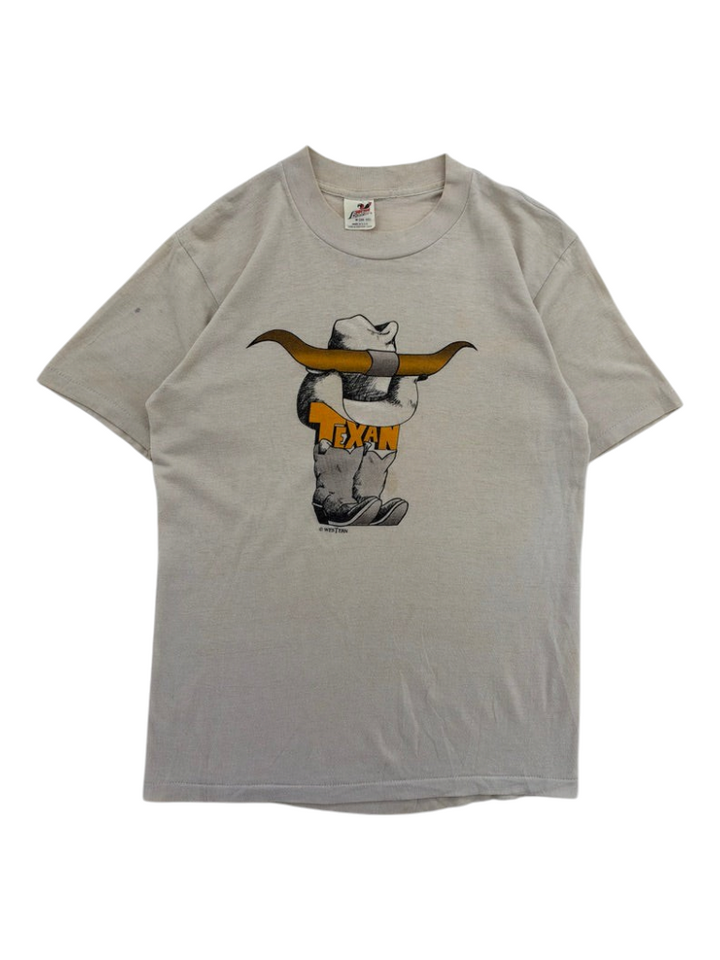 Exile Vintage 1980s beige cotton T-shirt featuring a graphic of a cowboy hat and longhorn horns with Texan text.