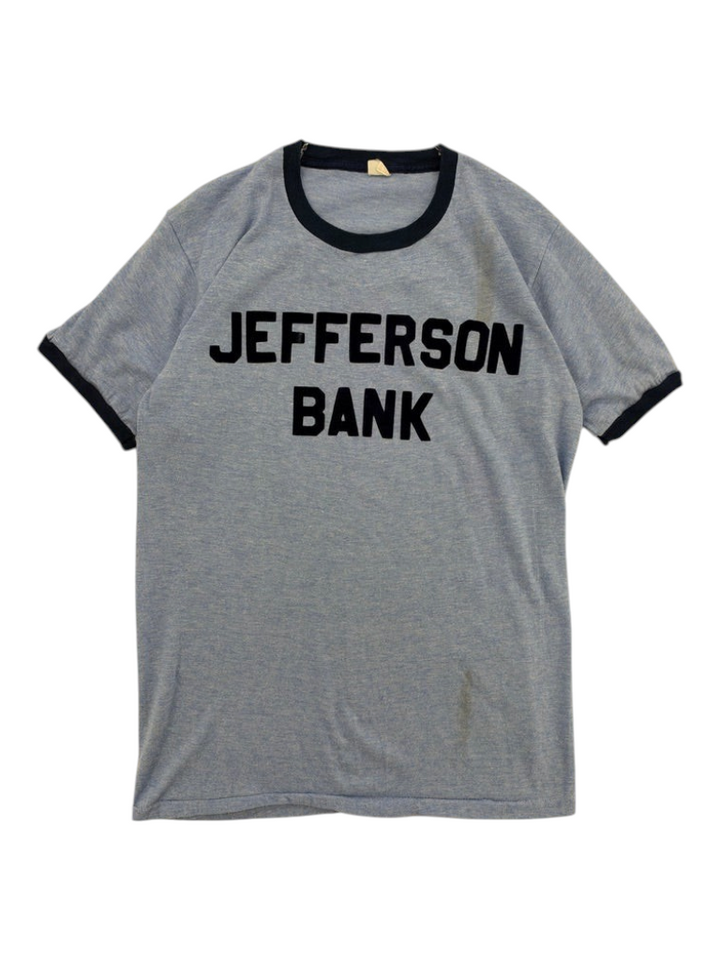 Exile Vintage 1970s light blue ringer t-shirt with navy trim and Jefferson Bank graphic print