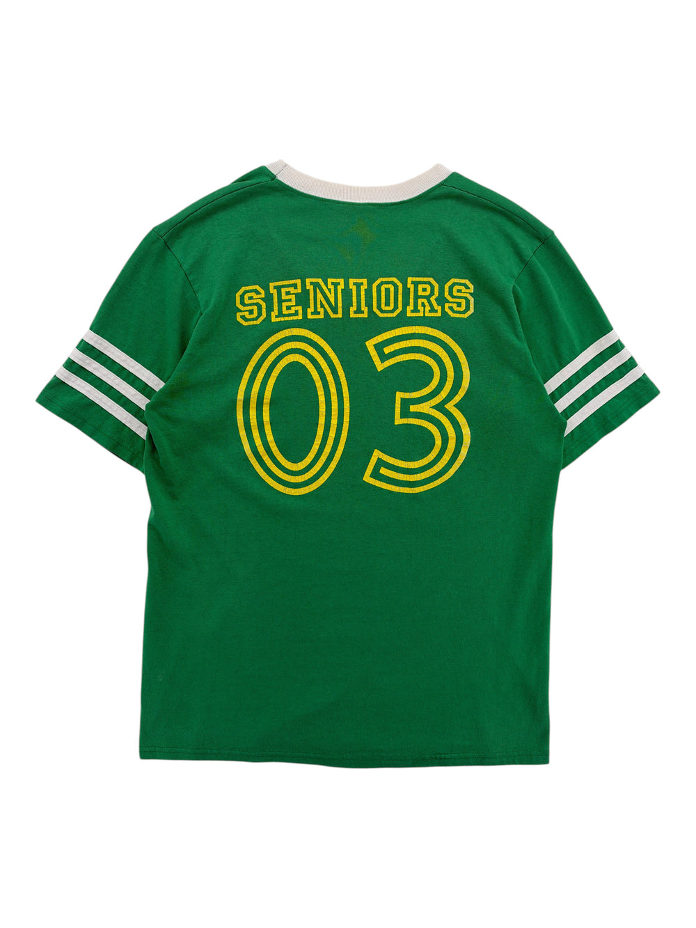 Exile Vintage green 2003 seniors graphic t-shirt with white striped sleeves and yellow lettering