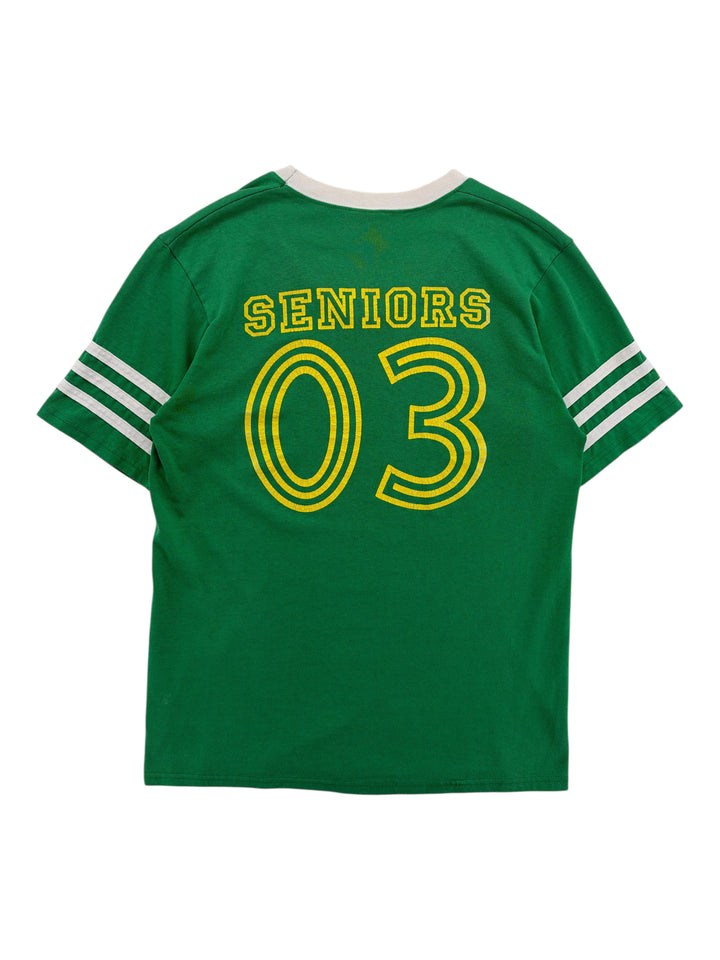 Exile Vintage green 2003 seniors graphic t-shirt with white striped sleeves and yellow lettering
