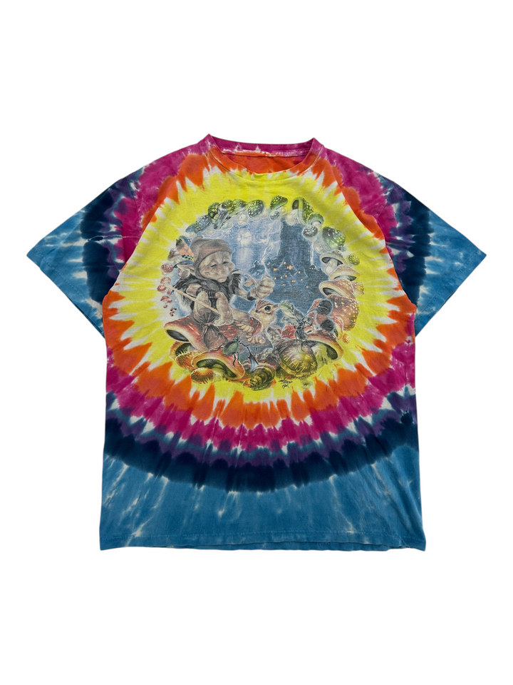 Exile Vintage 1990s Liquid Blue tie-dye t-shirt featuring a gnome and mushroom graphic print in vibrant colors.