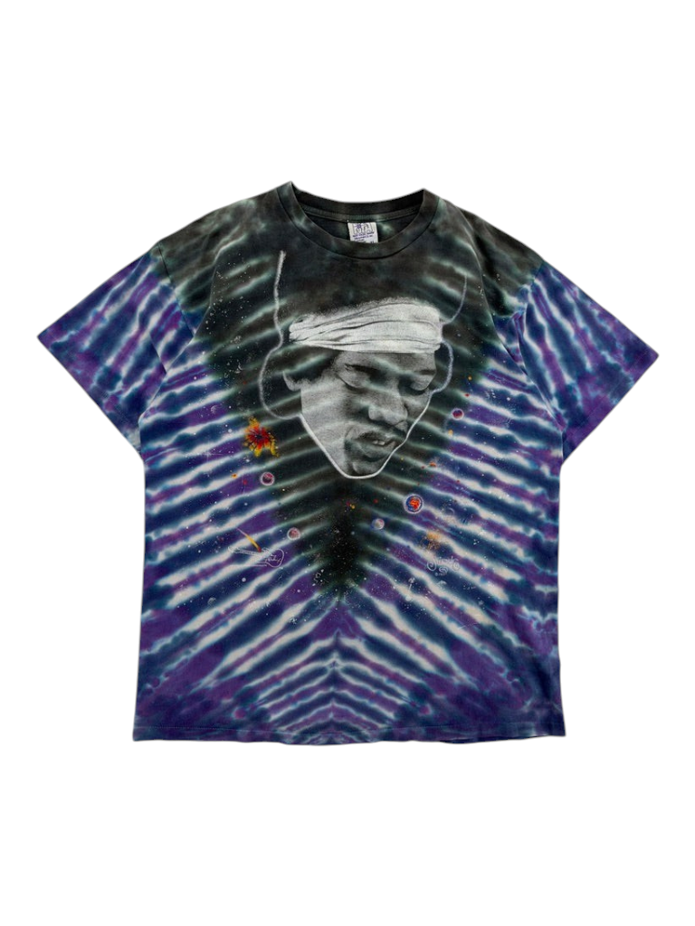 Exile Vintage 1990s Jimi Hendrix graphic t-shirt featuring a purple and black tie dye pattern in size XL