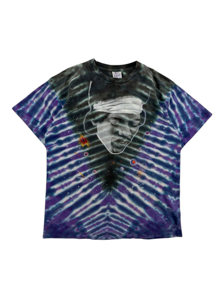 Exile Vintage 1990s Jimi Hendrix graphic t-shirt featuring a purple and black tie dye pattern in size XL