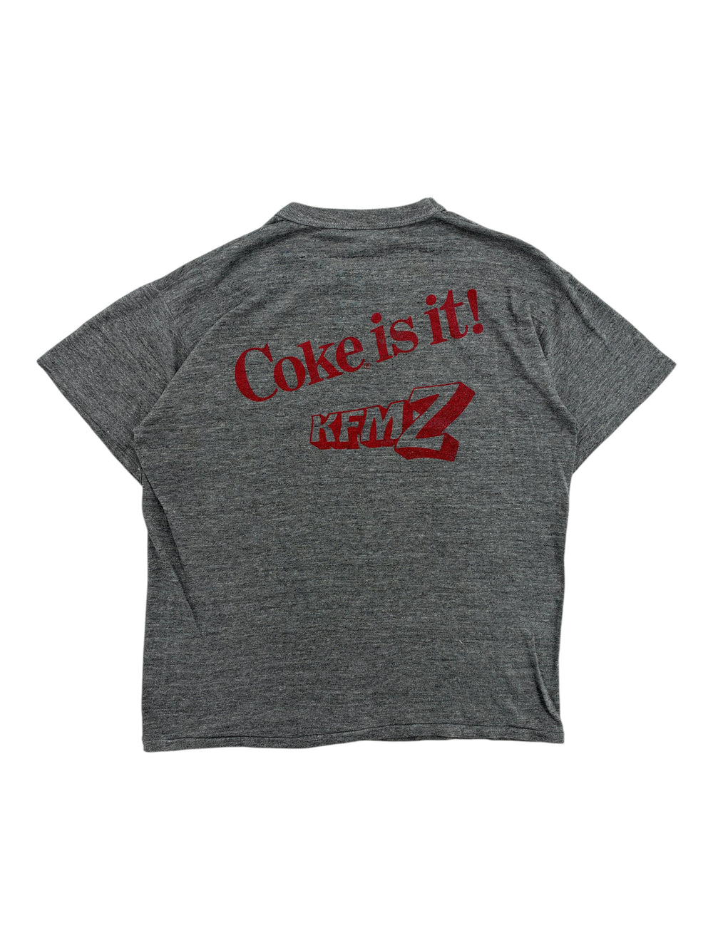 Exile Vintage 1980s grey Russell Athletic t-shirt with red Coke Is It and KFMZ graphic print on the back