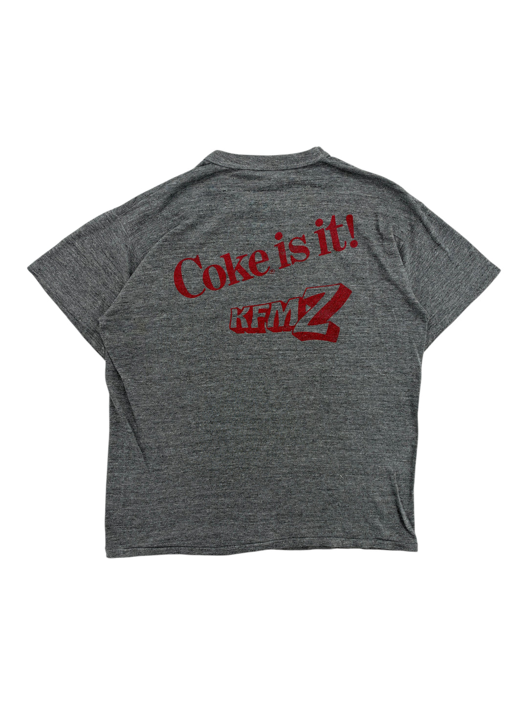 Exile Vintage 1980s grey Russell Athletic t-shirt with red Coke Is It and KFMZ graphic print on the back
