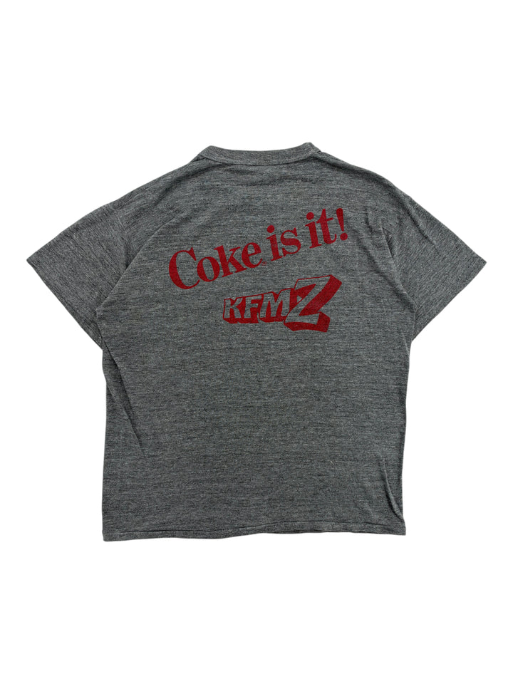 Exile Vintage 1980s grey Russell Athletic t-shirt with red Coke Is It and KFMZ graphic print on the back