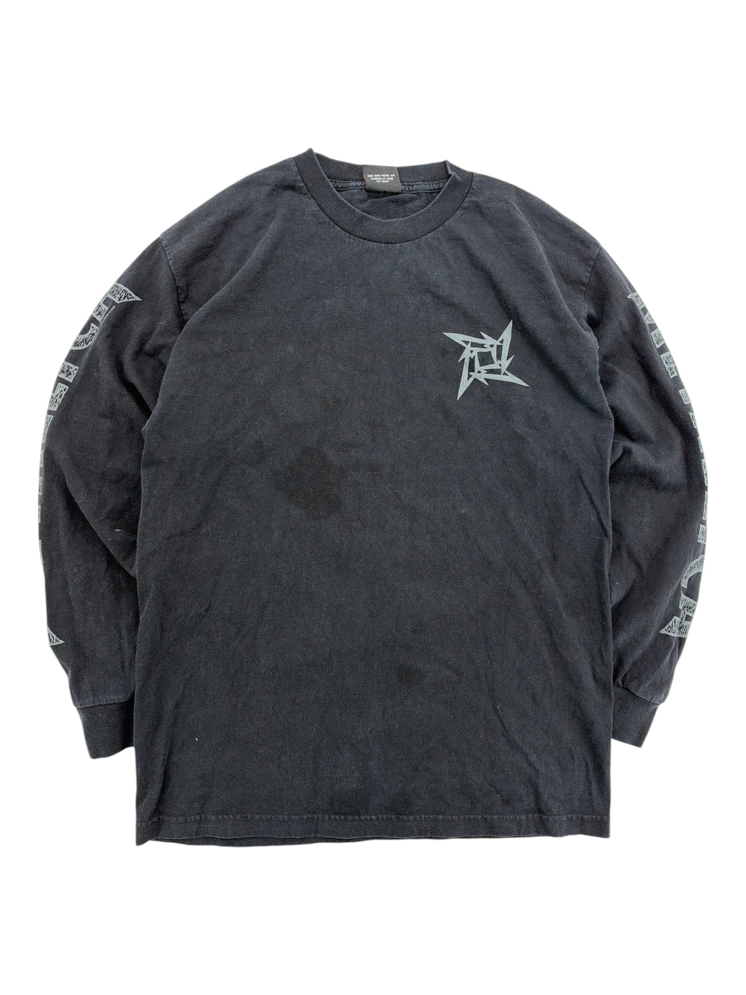 Exile Vintage 1990s Metallica black long sleeve t-shirt with grey ninja star logo on chest and sleeve graphics