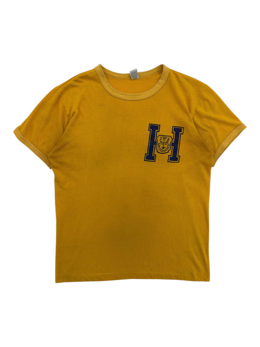 Exile Vintage 1970s Tiger Brand mustard yellow ringer t-shirt with a blue H letter graphic on the chest