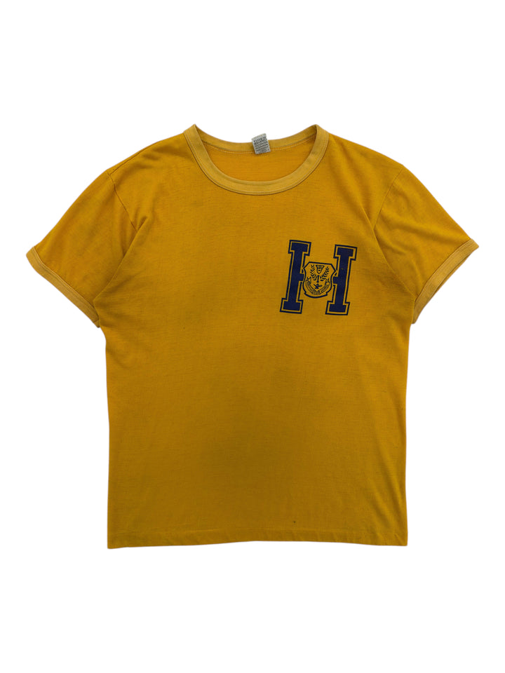 Exile Vintage 1970s Tiger Brand mustard yellow ringer t-shirt with a blue H letter graphic on the chest