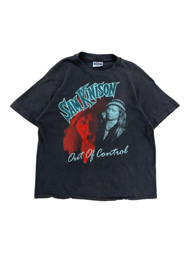 Exile Vintage 1980s black Sam Kinison Out Of Control graphic t-shirt with a vintage faded cotton finish.
