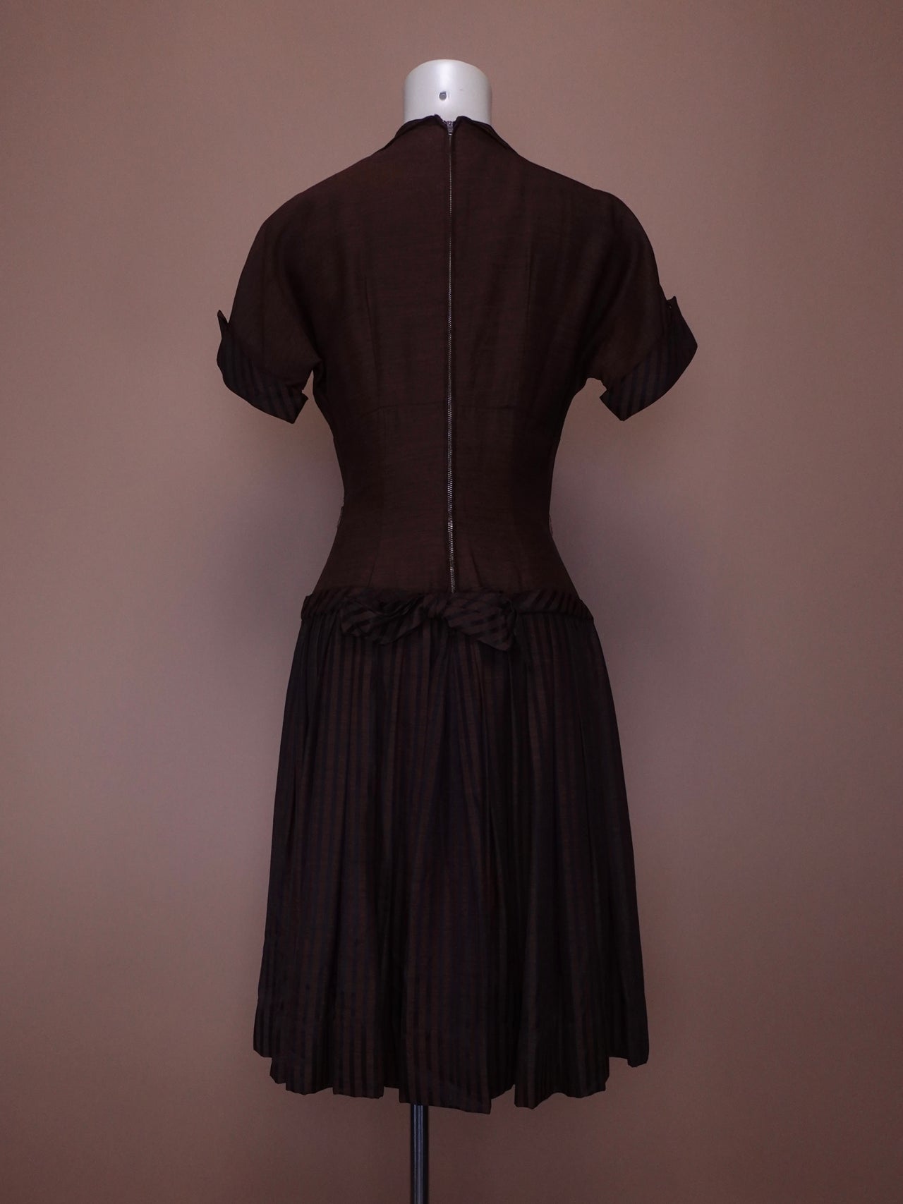 1950s - Brown and Black Stripe Dress with Bow Collar