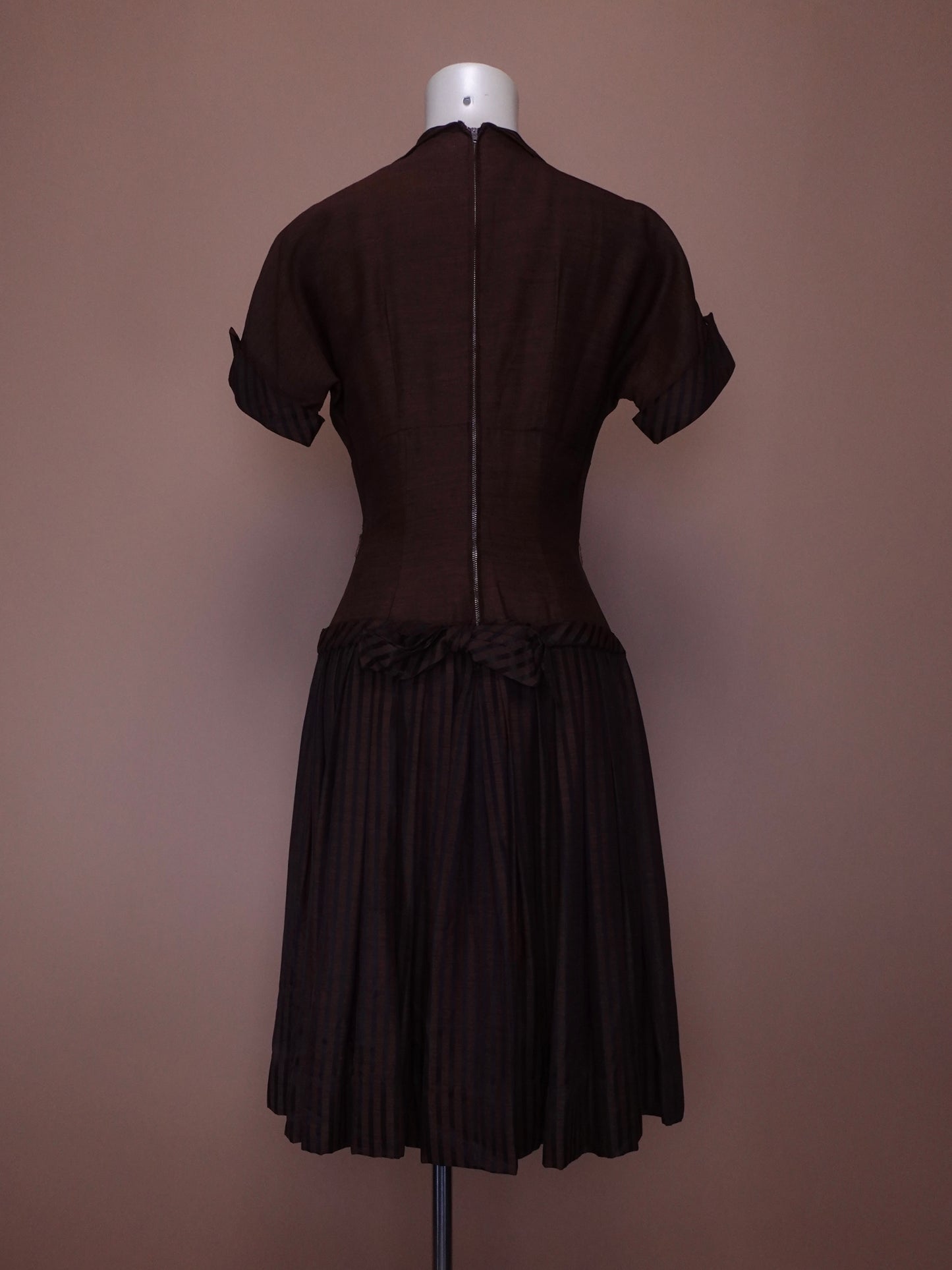 1950s - Brown and Black Stripe Dress with Bow Collar
