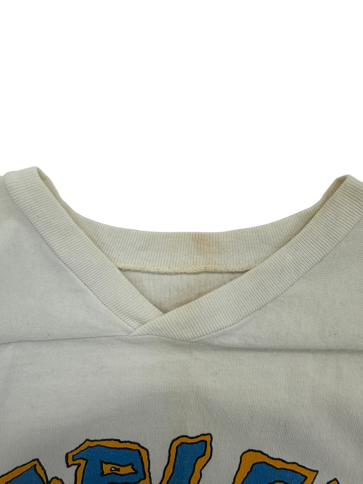 Exile Vintage 1980s Harley Davidson jersey t-shirt featuring a white ribbed V-neck collar with light staining