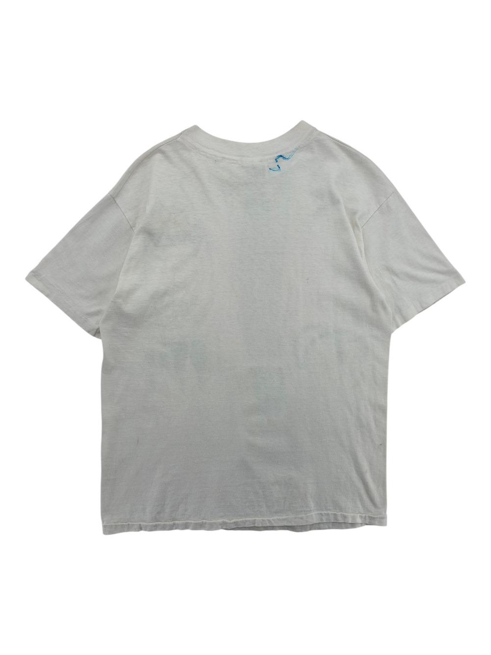 Exile Vintage 1980s white short sleeve t-shirt, back view showing plain fabric and a small blue ink mark