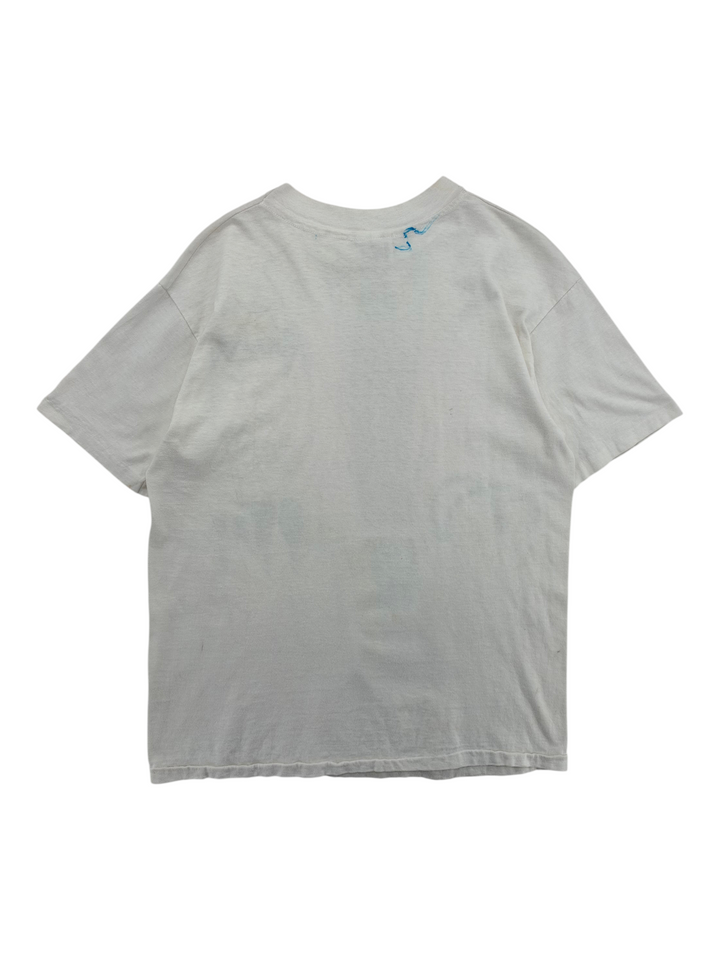 Exile Vintage 1980s white short sleeve t-shirt, back view showing plain fabric and a small blue ink mark