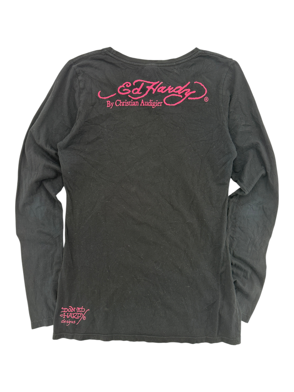 Exile Vintage black long sleeve Ed Hardy t-shirt with pink logo graphics on the back and hem
