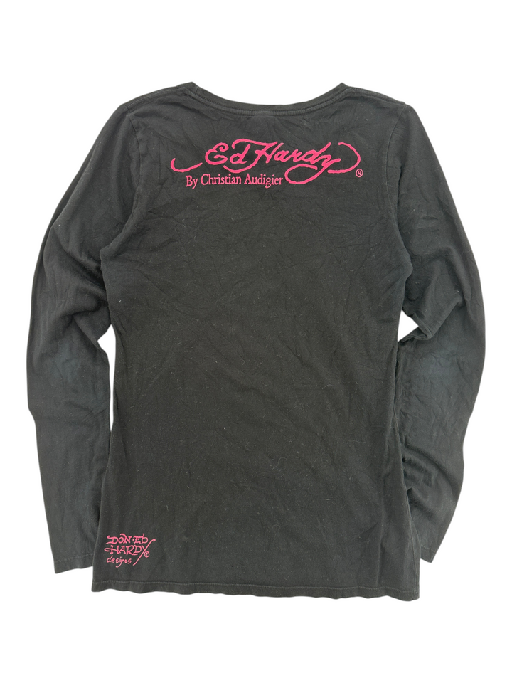 Exile Vintage black long sleeve Ed Hardy t-shirt with pink logo graphics on the back and hem